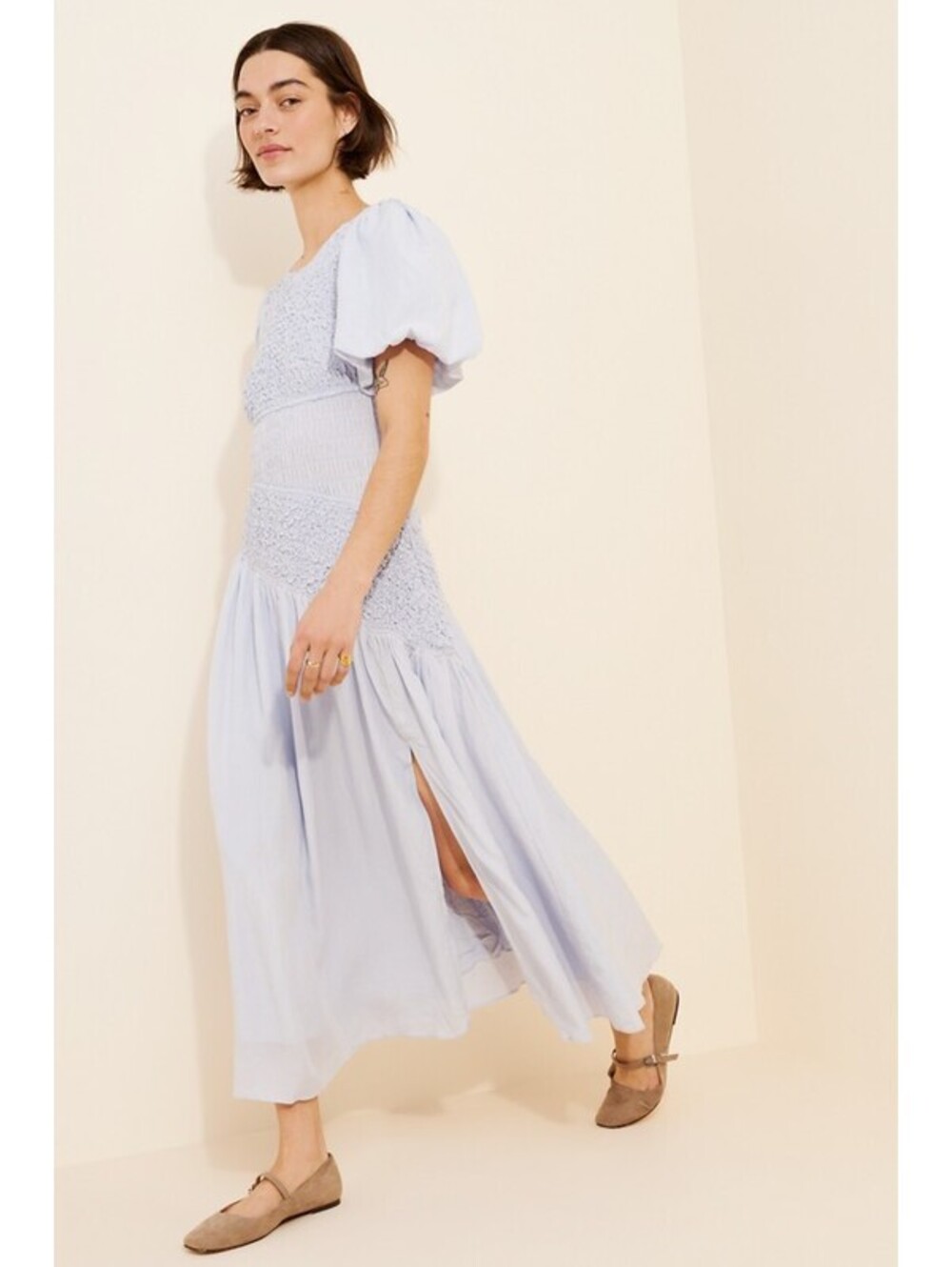 Anthropologie x ASTR The Label - Linen Light Blue Ruched Maxi Dress, Size L